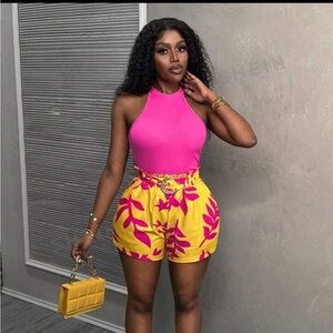 SHEIN Summer Pink Sleeveless Halter Top & Tropical Printed Ruffled Waist Short